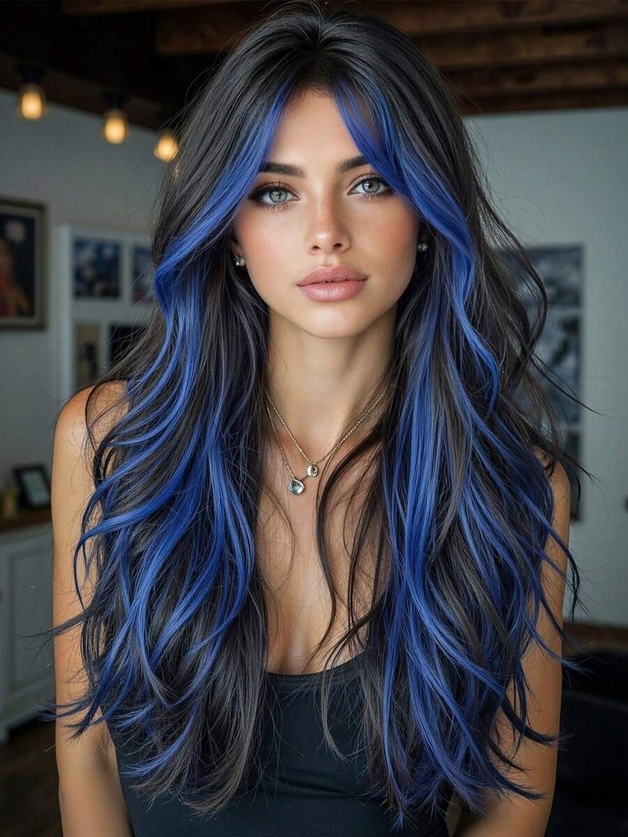Multicolor Synthetic Wig With Bangs Black Mix Blue Long Natural Curly Wig For Women Daily Party Cosplay Christmas Wigs For Girls For Halloween And Christmas New Year Carnival Music Festival Cosplay ,Gifts For Girls,Summer Graduation Gifts,Ready-Made Gifts,Halloween Christmas Gifts - 挑染藍色 - 查看 1