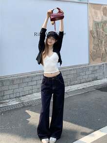 Women's Navy Blue Straight Leg Casual Jeans With Unique Back Pocket Design, Straight Leg Pants Spring - Dark Blue - View 4