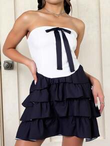 Novedad otoño/invierno para mujer. Vestido sin tirantes con falda escalonada y lazo. Estilo Y2K. Cálido y cómodo. Elegante y sensual. Informal y deportivo. Perfecto para salidas, vacaciones, citas, festivales y fiestas. Ideal para Navidad, Halloween y celebraciones de Año Nuevo. Ideal para bodas, sesiones de fitness y reuniones de cumpleaños.Sólido elegante - Blanco - Ver 4