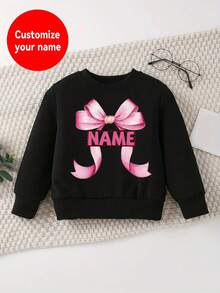 [Valentine's Day Custom Product] Girls' Hoodless Sweatshirt - Customizable With Name And Bow Print, Casual Soft Crew Neck Long Sleeve Top (Size: 110cm-150cm) - Black - View 1