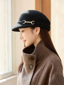 1 件女士纯色秋冬金属心形装饰毡贝雷帽、云朵贝雷帽、艺术家贝雷帽、报童帽、休闲优雅街头时尚百搭渔夫帽，适合秋季户外、聚会、骑行、旅行、派对、日常使用
