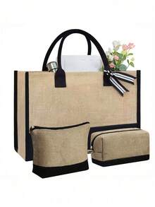 Initial Jute/Canvas Tote Bag, Personalized Present Bag, Suitable For Wedding, Birthday, Beach, Holiday, Is A Great Gift For Women, Mom, Teachers, Friends, Bridesmaids, Student, Back To School, Large Bag, Beach Tote For Women, Jute/Canvas Bag For Travel Vacation Weekend Getaway Holiday Road Trip, Personalized Gifts For Friend Her, Ideal Birthday Present(Scarf Styles Are Random)