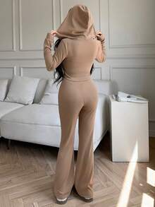 abyoxi Conjunto de 2 piezas de top de manga larga con capucha, cremallera, bolsillos y cintura ajustada en color caqui, y pantalones anchos de pierna ancha con cordón a la cintura en estilo deportivo y urbano para otoño e invierno - Café integral - Ver 2