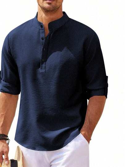 Camisa Henley de manga larga para hombre con cuello abotonado, diseño a rayas y de cuadros, cómoda y suave, ideal para uso diario, vacaciones de verano, transpirable con mangas enrollables, ropa de hombre elegante y versátil, prenda ligera para uso cotidiano