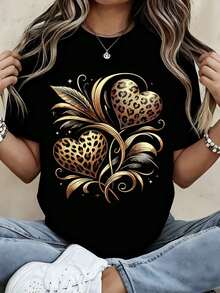 Golden Leopard Heart Floral Print Women's T-Shirt White And Black Casual Round Neck Short Sleeve Top Fashion Statement Tee For Everyday Wear - 黑色 - 查看 1