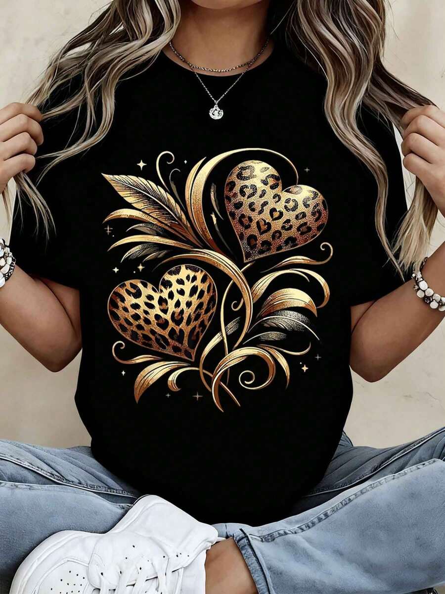 Golden Leopard Heart Floral Print Women's T-Shirt White And Black Casual Round Neck Short Sleeve Top Fashion Statement Tee For Everyday Wear - 黑色 - 查看 1