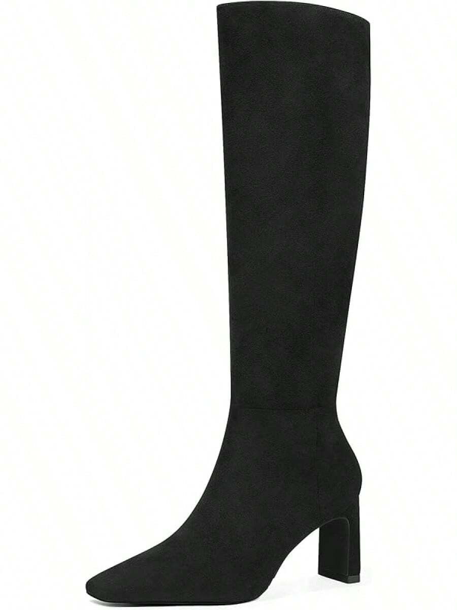 MUCCCUTE Knee High Boots For Women Chunky Heel Square Toe With Side Zipper Pull On Tall Fall BotasChristmas - 黑色絨面厚底高跟鞋 - 查看 1