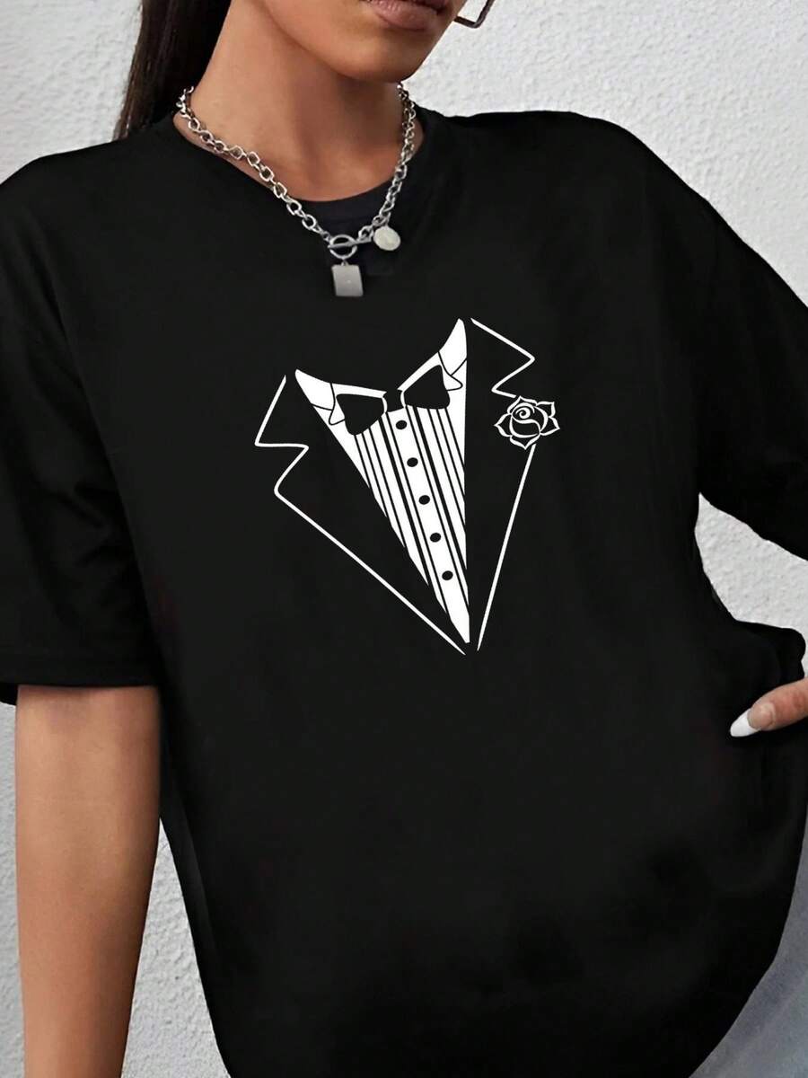 180g pure Cotton Fake Tuxedo Tux Bachelor Party Funny Hipster Cool Prank Shirt Wedding Holiday female Unisex Stretched women Women Top Graphic Tees designer clothes streetwear T-Shirt For Women Casual Summer Casual graphic fashion Breathable - Negro - Ver 1