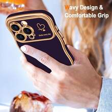 For IPhone 15 Pro Max Case Wave Wavy Phone Cases With Love Heart, Luxury Plating Edge Cute Curly Shape Cover For Women Girls, Thin Slim Soft TPU Rubber Shockproof Protective Cover, Dark Purple{"Color_name":"DarkPurple","Size_name":"ForiPhone15ProMax-6.7inch"} - 多色29 - 查看 3