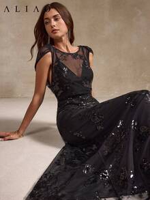 Đầm Aliao cổ chữ V phối lưới, thêu hoa và đính sequin, thanh lịch, thích hợp mặc hàng ngày, dự tiệc, đón năm mới, phong cách retro, ngày Valentine, dự đám cưới, đầm mùa xuân, đầm dự tiệc duyên dáng, đầm maxi đen mùa hè. - màu đen - Xem 2