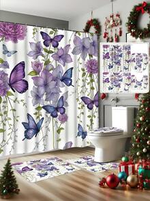 1/4 件紫色水彩蝴蝶图案浴帘套装，防水涤纶面料，简约春夏家居装饰窗帘，马桶盖套，U 型垫，浴室防滑垫圣诞装饰 - 彩色 - 查看 13