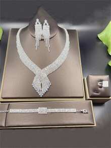 Fashionable Exquisite Tassel Earrings Necklace Set, Bridal Wedding Accessory - Silver - View 3