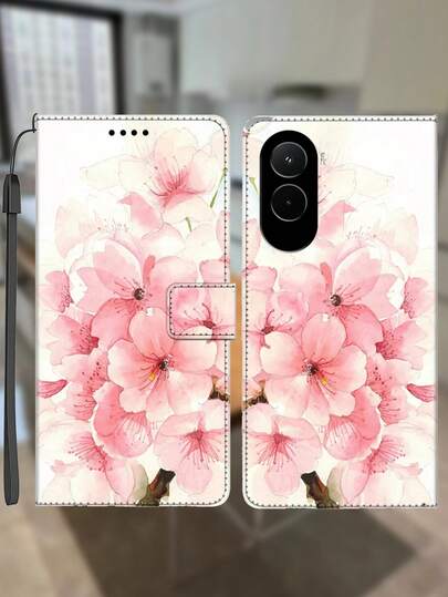 Etui z portfelem ze skóry PU, odpowiednie do telefonów , Honor i MOTO, z miejscem na karty i podstawką, z motywem kwiatu brzoskwini, na Walentynki, jako prezent dla przyjaciela ze smyczą
