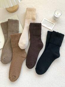 5 Paar Damen Dicke Thermisch Gefütterte Einfache Stil Warme Crew Socken, Herbst/Winter, Kuschelige Socken