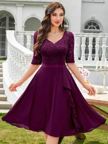 MIUSOL Elegant Maroon Sweetheart Neck Floral Lace A-Line Cocktail Swing Dress, Half Sleeves, Flowing Ruffle Trim Hem, For Wedding Guest, Prom, Evening Party - 紫紅色 - 查看 5