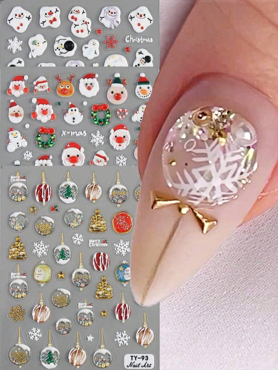 Adesivi per arte di unghie a sfera di cristallo natalizia, adesivi per arte di unghie invernali 5D in rilievo con fiocchi di neve, adesivi per arte di unghie stile Y2K, decorazioni fai-da-te per unghie con motivi natalizi e di Capodanno, forniture per arte di unghie