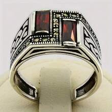 Vintage-Style Men's Ring With Synthetic - Rectangular Cut, High-Quality Stainless Steel Band, Comfortable & Durable For Daily Wear - Nhẫn vuông màu đỏ - Xem 5