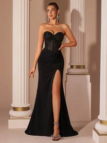 ADYCE Elegantes schwarzes Damen Partykleid mit Schlüssellochausschnitt, transparenter hoher Taille und Schlitz mit Schleife