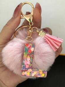 Alphabet Initial Letter Keychain Cute Plush Pom Key Chain Ring Bag Backpack Charm Car Hanging Pendant Women Girls Gift,Cute Sequins Resin Key Chain,Wallet And Handbag Accessories, Keychain With Tassels,Alphabet Initial Letter A-Y School - Multicolor - View 9