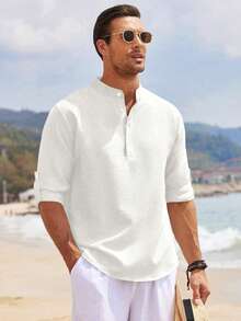 Áo sơ mi nam dài tay cổ Henley, cài cúc phía trước, chất liệu polyester nhẹ, họa tiết sọc và caro, kiểu dáng giản dị và thoải mái, vải mềm mại, phù hợp mặc hàng ngày, thời trang mùa hè đi biển, thoáng khí, tay áo xắn lên, trang phục nam thời trang, trang phục thường ngày ngoài trời, kiểu dáng cổ điển, áo sơ mi đa năng và nhẹ, áo nam mặc hàng ngày. - trắng - Xem 3