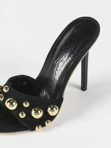 Damen Mode Schwarz Nieten Slip-On Quadratische Zehenkappe High Heel Mules, Sexy Stiletto Sandalen 4.5 Inch für Sommer Nachtclub, Laufsteg, Party, Outdoor Aktivitäten - Schwarz - Übersicht 8