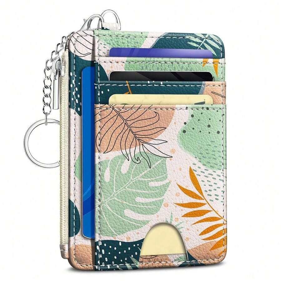 Abstract Boho Leaves Credit Card Holder Small Wallet Women, Slim RFID Blocking Wallet Woman Keychain With Zipper Coin Pocket, Front Pocket Thin Travel Card Case ID Window Female Ladies Gifts{"Color_name":"Leaf"} - 多色23 - 查看 1