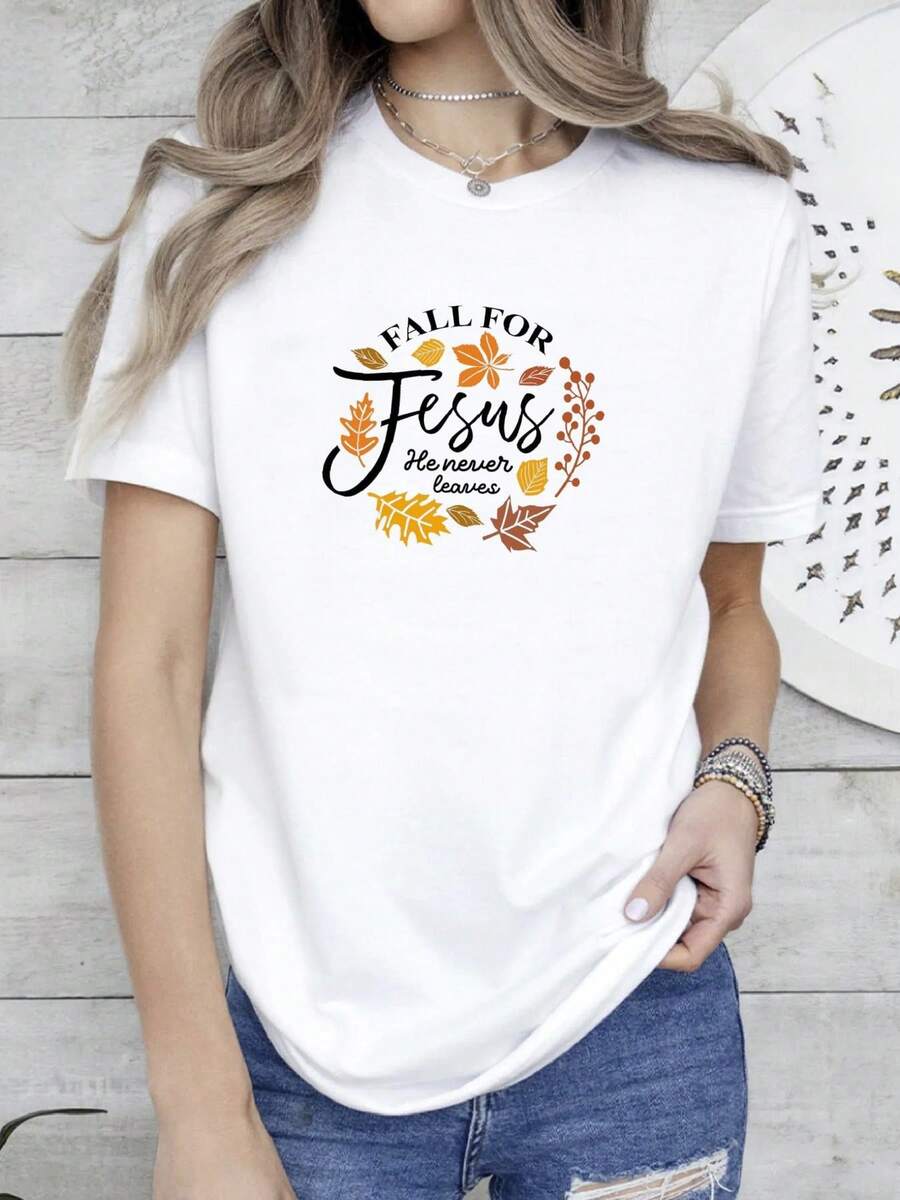 180g pure Cotton Christian Fall Sweatshirts For Women, Fall For Jesus He Never Leaves Sweatshirt, Jesus Sweatshirt, Womens Thanksgiving, Thanksgiving Family Top For Everyday Wear Comfortable fashion women Casual female Breathable streetwear T-Shirt For Women Casual - Blanco - Ver 1