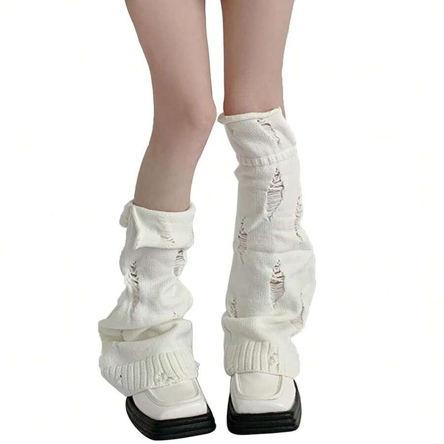SherryDC Womens Y2k Knit Leg Warmers Harajuku Japanese Long Boot Socks Kawaii Lolita Winter Leg Cover{"Color_name":"900-White"} - 多色4 - 查看 1