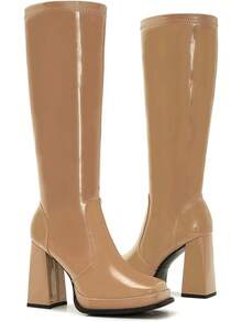 Wide Calf Plus Size Women's 70s Gogo Tall Knee High Square Toe Chunky Heel Retro Fashion Vintage Boots - 棕褐色專利 - 查看 4