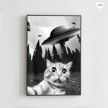 1pc Whimsical Cat And UFO Canvas Art Printed Posters, Modern WAall Arts Decorative Paintings, Retro-Style Animal Poster, Aesthetic Decor Art Modern Style Poster It Is Suitable For Bedroom Wall Decor, Living Room Wall Decor, Corridor Decor, Home Office Decor, Bathroom Decor, Kitchen Decor, Dormitory Decor, Apartment Decor, Wall Decor, Room Decor And Art Home Decor. It Is A Perfect Gift For Art Decor Enthusiasts And Home Decor Enthusiasts