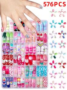 NAIO 576 Pieces Kids Press On Nails Children Fake Artificial Nails Girls Full Cover Short False Fingernails For Girls Kids Design Decoration(Lovely Pattern) Nail Supplies - Multicolor - View 7