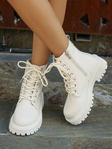 新款女式踝靴和短靴，时尚百搭休闲平底鞋 - 米色 - 查看 1