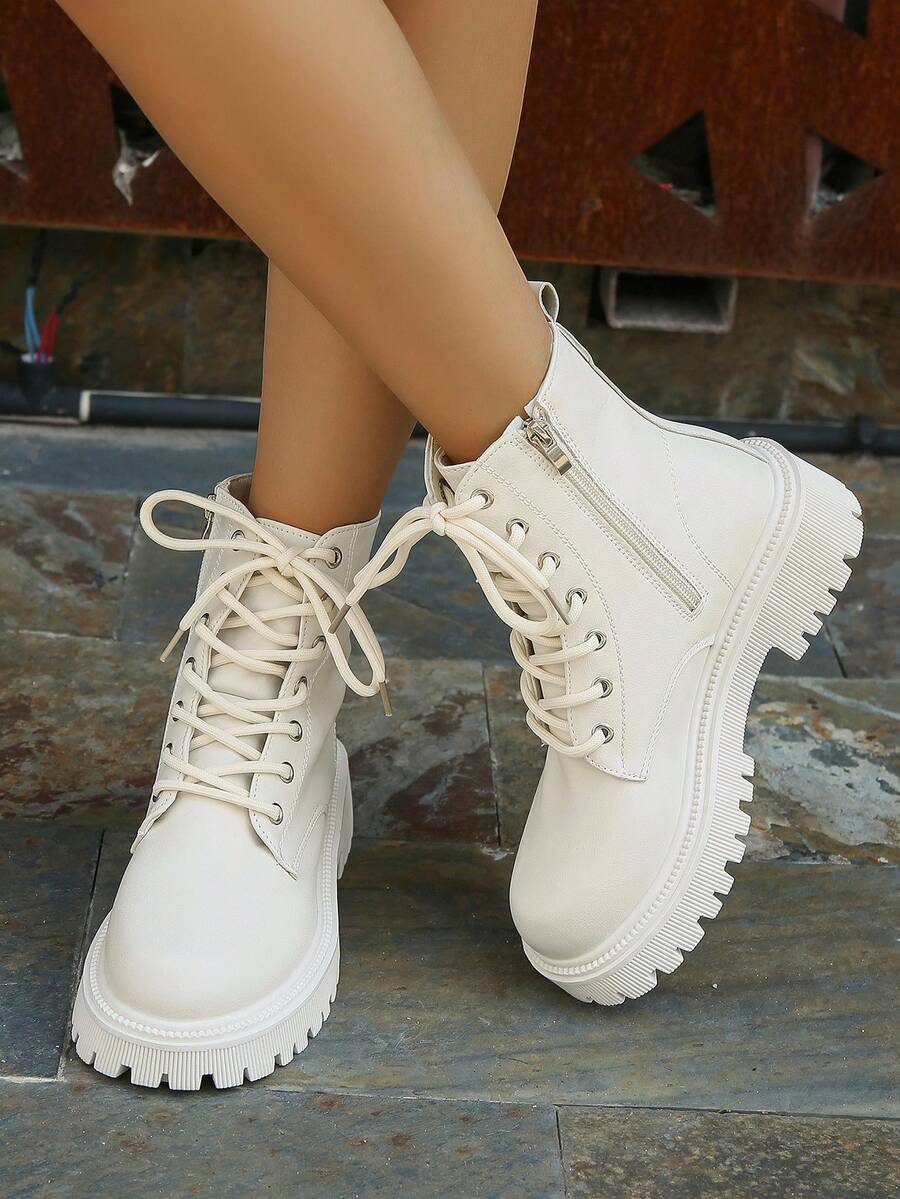 新款女式踝靴和短靴，时尚百搭休闲平底鞋 - 米色 - 查看 1