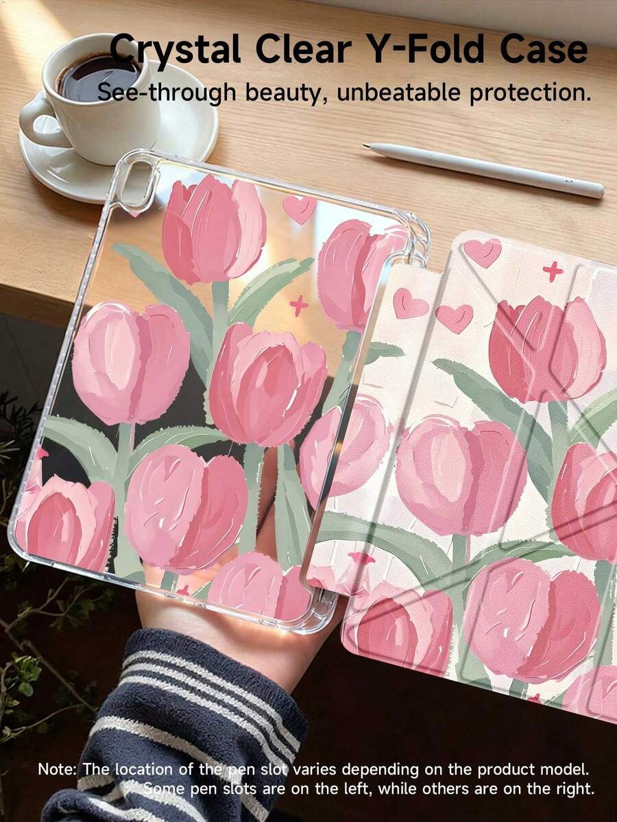 Pink Tulip Pattern Protective Case, Compatible With IPad 10th Gen, 10.2", Mini 6", Mini 7", And 9.7" Models. Also Compatible With Samsung Galaxy Tab A9 Plus. Features 3+Y Folding Design, Reinforced Silicone Corners, Auto Wake/Sleep Function, And Built-In Stylus Slot.