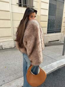 女式圆领宽松短款仿皮草时尚休闲夹克 - 卡其色 - 查看 2