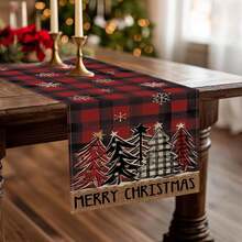 1pc Black & Red Plaid Christmas Tree & Snowflake Christmas Table Runner, Farmhouse Kitchen Dining Table Decor, Indoor Outdoor Home Decoration, Party Supplies, Size: 13x35/13x47/13x72/13x90/13x108 Inches, Winter Holiday