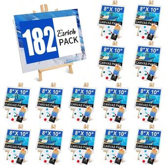 182 Pack Canvas With Easel Set 8x 10 In Canvas Boards With 11.8 In Wooden Easels, Paint Brushes Canvas Panel Painting Kit Acrylic Oil Watercolor Beginners Art Crafts Sip And Paint Party