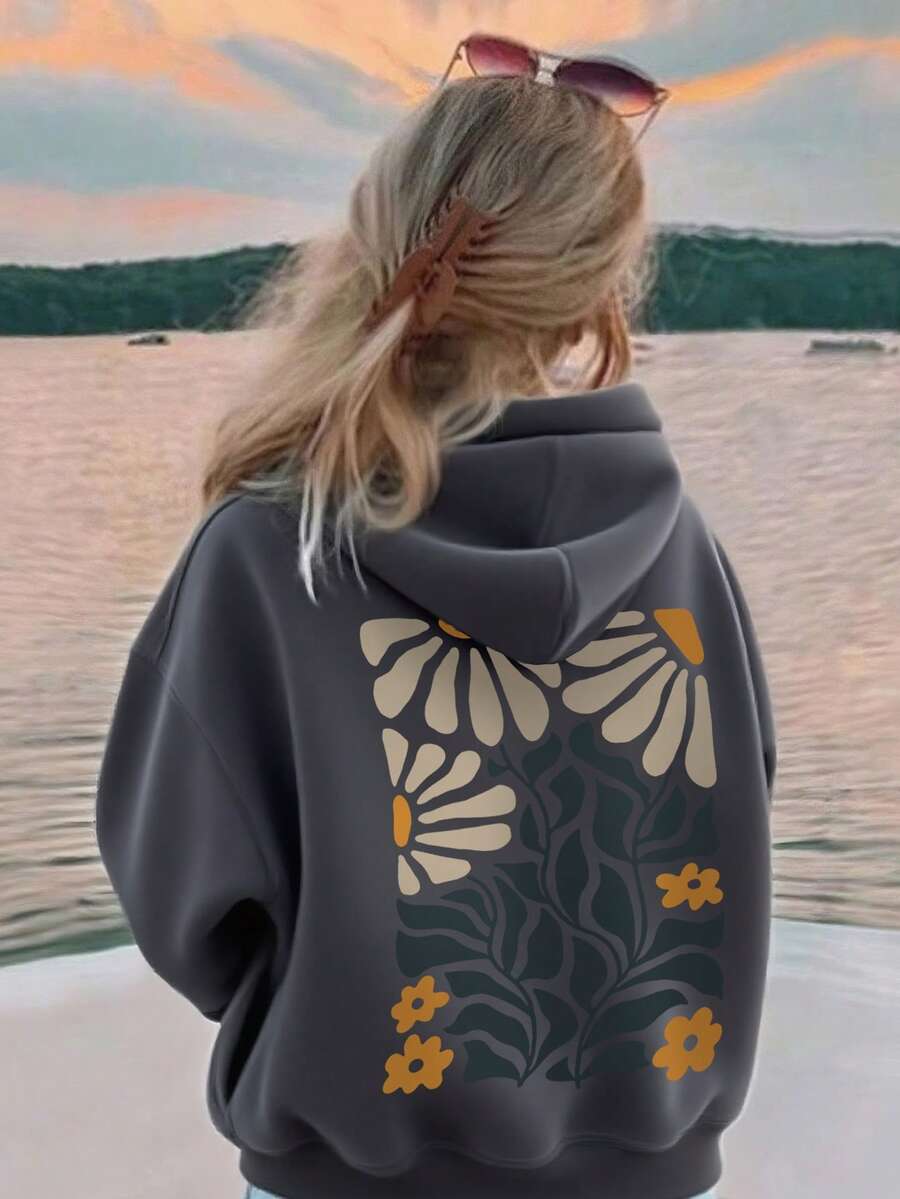 Áo nỉ giữ nhiệt dáng rộng cho bé gái tuổi teen, in họa tiết hoa, thích hợp cho mùa thu, xuân và đông. - Màu xám đen - Xem 1