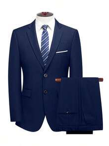 Men's Suit Set,An Elegant Men's Formal Suit 2-Piece Set, Consisting Of A Solid-Color Suit-Collared Jacket And Matching Trousers. It Boasts A Sophisticated Solid-Color Business-Casual Style With A Sleek And Grand Look, Suitable To Be Used As Both A Wedding Suit And A Business Suit,This Suit Is Perfect For Wearing On Various Occasions, Including Daily Leisure, Holiday Events, Business Gatherings, Weddings, Dances, And Work Commutes. Furthermore, It Makes An Excellent Gift For Boyfriends Or Husbands. - 藏蓝色 - 查看 3