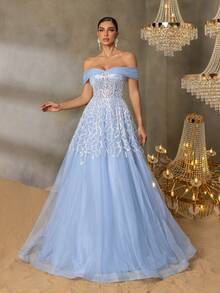 优雅珠饰亮片美人鱼晚礼服 - 露肩设计，饰以渐变珠饰和薄纱层叠，及地长裙摆，适合晚宴、新娘活动和红毯盛典。 - 淺藍色 - 查看 3