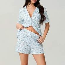 Women Y2k Pajamas Set Cute Heart Rabbit Short Sleeve Button Down Shirt Silk Satin Pjs Shorts Set Preppy Sleepwearhalloween - 7 兔印花藍色 a - 查看 6