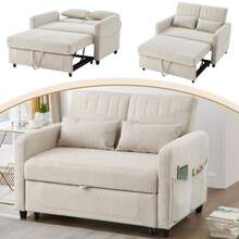 [Sofa Bed With Sleeping Function] Two-Seater Folding Sofa, Extendable Design, Simple And Modern Style, Three-Step Adjustable Backrest, Breathable Cotton And Linen Fabric - Beige + Foam + 2 Seat - View 2
