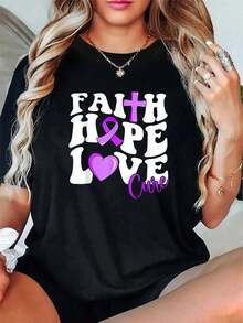 Camiseta unisex de algodón 100% Fe Esperanza Amor Curación Cinta Púrpura Guerrero del Alzheimer, camiseta de manga corta impresa de otoño e invierno - Negro - Ver 6