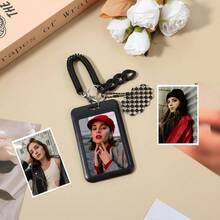 Photocard Holder, Acrylic Black ID Badge Credit Card Holder Idol Photo Display Organizer With Spring Pendant Keychain Student Bus Card Case Protective Photo Sleeves - Black - View 3