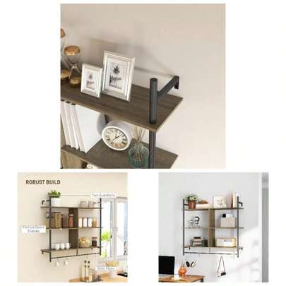 Floating Shelves, 104CM Wall Mounted Ladder Shelf With 4 Hooks, Rustic Hanging Display Shelf Living Room, Entryway, Kitchen, Rustic Brown