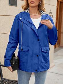 女士长款连帽雨衣，轻便休闲雨衣，全拉链设计，适合徒步旅行，女士户外防风外套，轻薄款，春夏款 - 藍色 - 查看 5