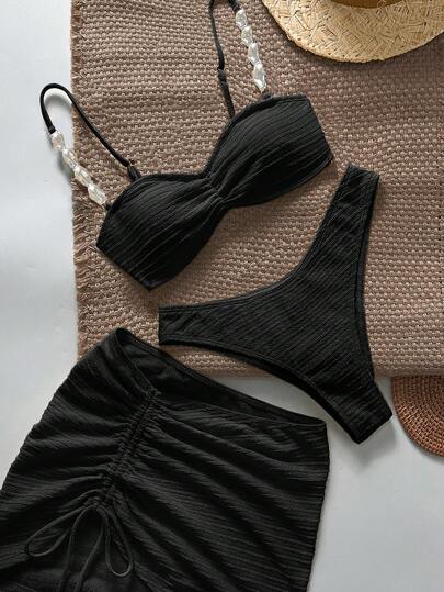 Bikinx 女士三件套度假套装，纯色纹理面料比基尼泳衣，侧边抽绳迷你裙