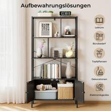 Freistehendes, doppel-türiges, sechsstöckiges, leiterförmiges Bücherregal mit Metallregalen, geeignet für Wohnzimmer, Arbeitszimmer, Büros und industrielle Designumgebungen
