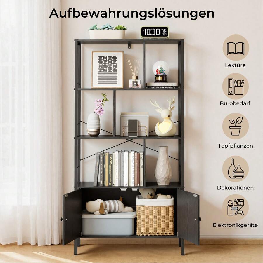 Four-Tier Shelving Unit With Double Doors And Six Compartments, Industrial-Style Shelving Unit, Bookcase, And Display Unit. With Steel Protection On Both Sides And Storage Space Underneath. Suitable For Living Rooms, Offices, And Bedrooms. Dimensions: 74 X 30 X 153 Cm. - Black - View 1