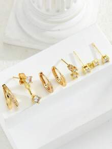 7pcs Fashionable Minimalist Zirconia Clip-On Earrings Set, Versatile For Dating, Party, Daily Wear, Gift For Friends, Mom, Girlfriend - Yellow Gold - View 4